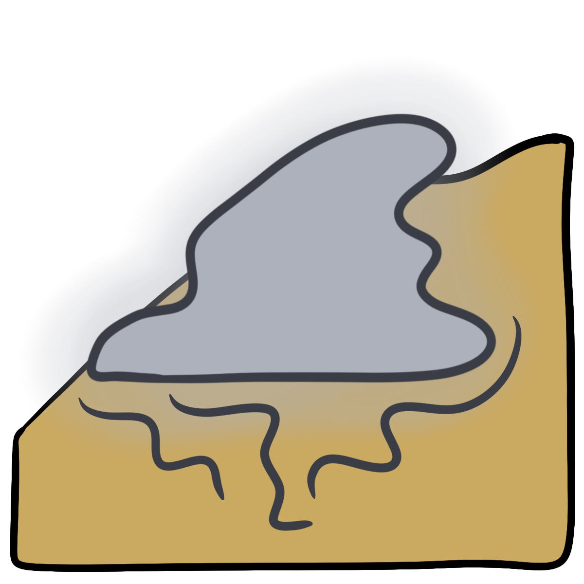 A drooping gray glowing blob with squiggly lines beneath it. Curved yellow skin fills the bottom half of the background.